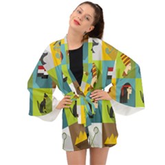 Egypt Travel Items Icons Set Flat Style Long Sleeve Kimono by Bedest