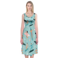 Beach Surfing Surfers With Surfboards Surfer Rides Wave Summer Outdoors Surfboards Seamless Pattern Midi Sleeveless Dress by Bedest