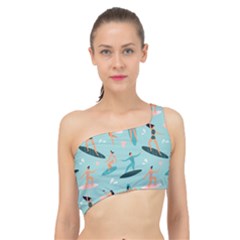 Beach Surfing Surfers With Surfboards Surfer Rides Wave Summer Outdoors Surfboards Seamless Pattern Spliced Up Bikini Top  by Bedest