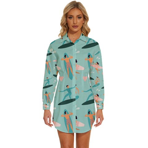 Beach Surfing Surfers With Surfboards Surfer Rides Wave Summer Outdoors Surfboards Seamless Pattern Womens Long Sleeve Shirt Dress by Bedest