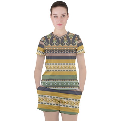 Seamless Pattern Egyptian Ornament With Lotus Flower Women s T-shirt And Shorts Set by Hannah976