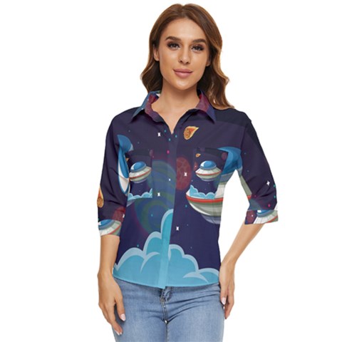 Ufo Alien Spaceship Galaxy Women s Quarter Sleeve Pocket Shirt by Bedest