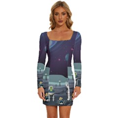 Alien Astronaut Scene Long Sleeve Square Neck Bodycon Velvet Dress by Bedest