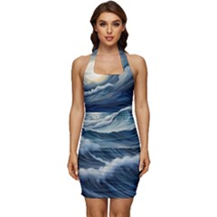 Waves Storm Sea Sleeveless Wide Square Neckline Ruched Bodycon Dress by Bedest