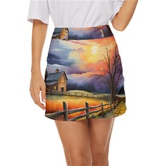 Rural Farm Fence Pathway Sunset Mini Front Wrap Skirt by Bedest
