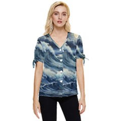 Waves Storm Sea Moon Landscape Bow Sleeve Button Up Top by Bedest