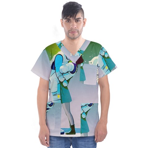Astronaut Cat Retro Cute Alien Men s V-neck Scrub Top by Bedest