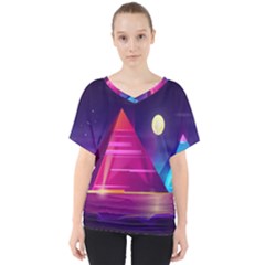 Egyptian Pyramids Night Landscape Cartoon V-neck Dolman Drape Top by Ndabl3x