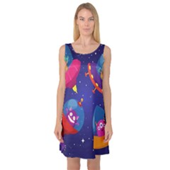 Cartoon Funny Aliens With Ufo Duck Starry Sky Set Sleeveless Satin Nightdress by Ndabl3x