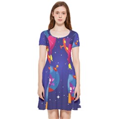 Cartoon Funny Aliens With Ufo Duck Starry Sky Set Inside Out Cap Sleeve Dress by Ndabl3x