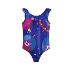 Cartoon Funny Aliens With Ufo Duck Starry Sky Set Kids  Frill Swimsuit by Ndabl3x