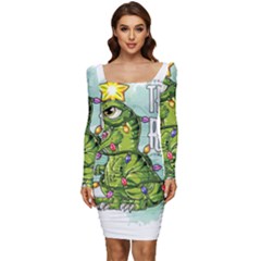 Dinosaur T-rex Dino Tyrannasaurus Women Long Sleeve Ruched Stretch Jersey Dress by Sarkoni