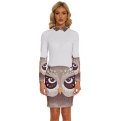 Owl Bird Feathers Long Sleeve Shirt Collar Bodycon Dress by Sarkoni