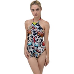 Comical Words Animals Comic Omics Crazy Graffiti Go With The Flow One Piece Swimsuit by Bedest