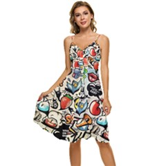 Comical Words Animals Comic Omics Crazy Graffiti Sleeveless Tie Front Chiffon Dress by Bedest