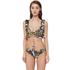 Boom Bang Art Crazy Drawing Graffiti Hello Retro Sayings Yellow Low Cut Ruffle Edge Bikini Set by Bedest