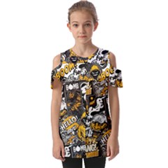 Boom Bang Art Crazy Drawing Graffiti Hello Retro Sayings Yellow Fold Over Open Sleeve Top by Bedest