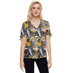 Boom Bang Art Crazy Drawing Graffiti Hello Retro Sayings Yellow Bow Sleeve Button Up Top by Bedest