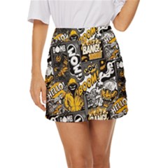 Boom Bang Art Crazy Drawing Graffiti Hello Retro Sayings Yellow Mini Front Wrap Skirt by Bedest