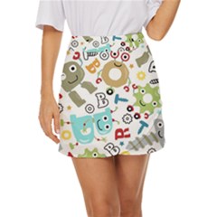 Seamless Pattern Vector With Funny Robots Cartoon Mini Front Wrap Skirt by Hannah976