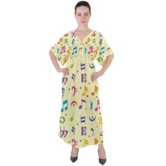 Seamless Pattern Musical Note Doodle Symbol V-neck Boho Style Maxi Dress by Hannah976