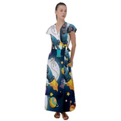 Spaceship Astronaut Space Flutter Sleeve Maxi Dress by Hannah976