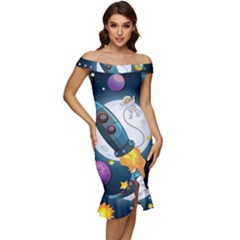 Spaceship Astronaut Space Off Shoulder Ruffle Split Hem Bodycon Dress by Hannah976