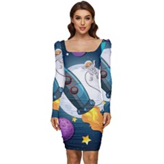 Spaceship Astronaut Space Women Long Sleeve Ruched Stretch Jersey Dress by Hannah976