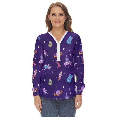 Space Seamless Pattern Zip Up Long Sleeve Blouse by Hannah976