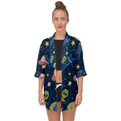 Seamless Pattern With Funny Aliens Cat Galaxy Open Front Chiffon Kimono by Hannah976
