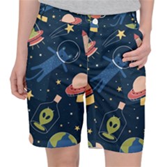 Seamless Pattern With Funny Aliens Cat Galaxy Women s Pocket Shorts by Hannah976
