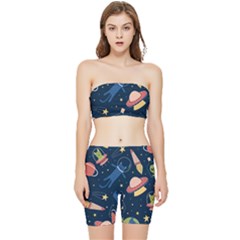 Seamless Pattern With Funny Aliens Cat Galaxy Stretch Shorts And Tube Top Set by Hannah976