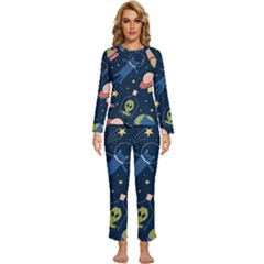 Seamless Pattern With Funny Aliens Cat Galaxy Womens  Long Sleeve Lightweight Pajamas Set by Hannah976