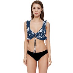 White Robot Blue Seamless Pattern Low Cut Ruffle Edge Bikini Top by Hannah976