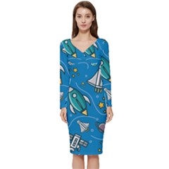 About Space Seamless Pattern Long Sleeve V-neck Bodycon Dress  by Hannah976
