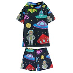 Seamless Pattern With Space Objects Ufo Rockets Aliens Hand Drawn Elements Space Kids  Swim T-shirt And Shorts Set by Hannah976
