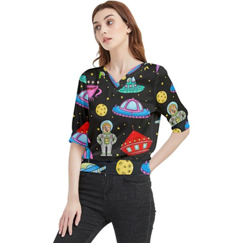 Seamless Pattern With Space Objects Ufo Rockets Aliens Hand Drawn Elements Space Quarter Sleeve Blouse by Hannah976