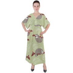 Sloths Pattern Design V-neck Boho Style Maxi Dress by Hannah976