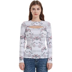 Cat With Bow Pattern Women s Cut Out Long Sleeve T-shirt by Hannah976