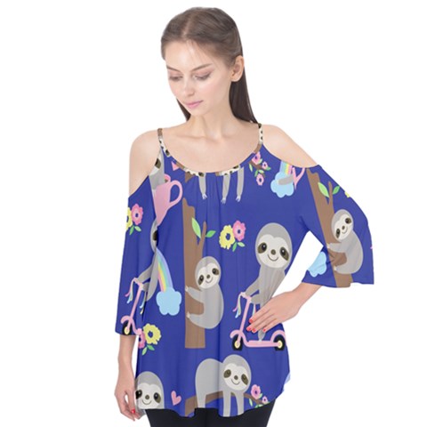 Hand Drawn Cute Sloth Pattern Background Flutter Sleeve T-shirt  by Hannah976