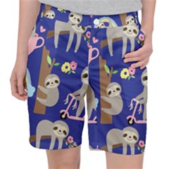 Hand Drawn Cute Sloth Pattern Background Women s Pocket Shorts by Hannah976