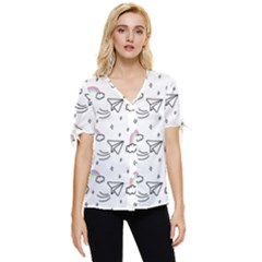 Abstract Classic Blue Background Bow Sleeve Button Up Top by Apen
