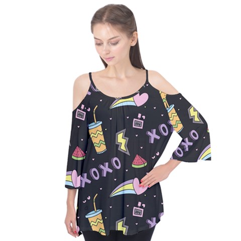Cute Girl Things Seamless Background Flutter Sleeve T-shirt  by Apen