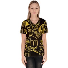 Golden Indian Traditional Signs Symbols Women s V-neck Scrub Top by Apen