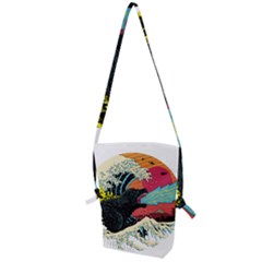 Retro Wave Kaiju Godzilla Japanese Pop Art Style Folding Shoulder Bag by Cendanart