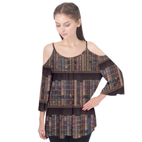 Old Bookshelf Orderly Antique Books Flutter Sleeve T-shirt  by Cendanart