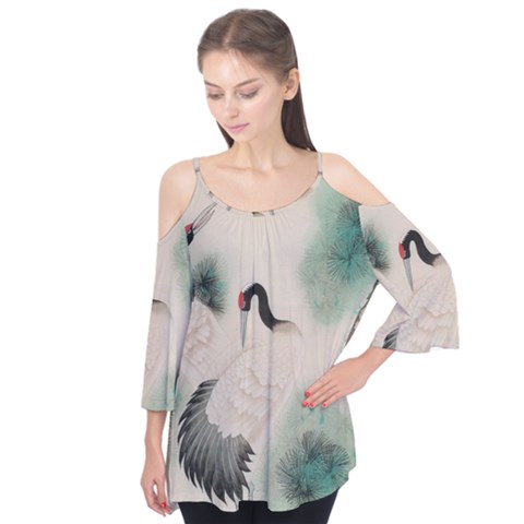 Japanese Crane Painting Of Bird Flutter Sleeve T-shirt  by Cendanart