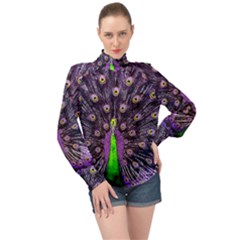 Peacock Bird Color High Neck Long Sleeve Chiffon Top by Cendanart