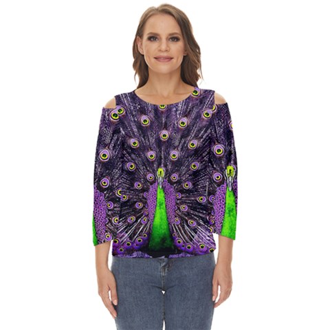 Peacock Bird Color Cut Out Wide Sleeve Top by Cendanart
