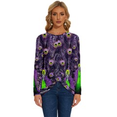 Peacock Bird Color Long Sleeve Crew Neck Pullover Top by Cendanart